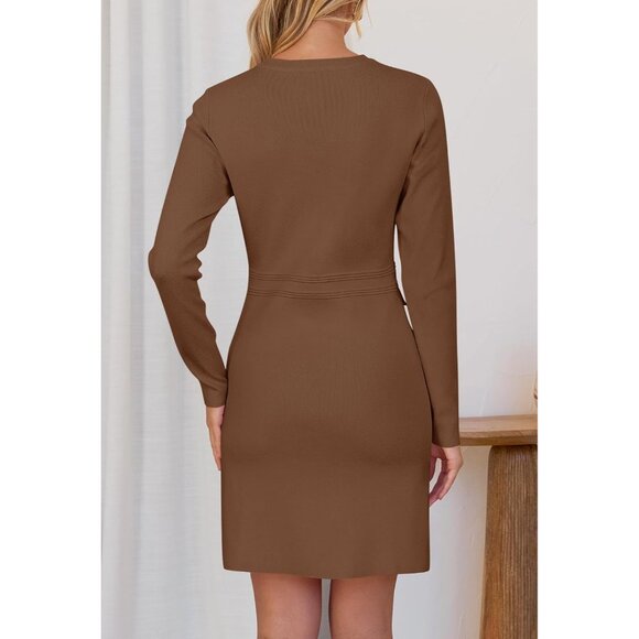 Fall 2025 Long Sleeve Bodycon Coffee Sweater Dress for Women Winter Formal Mini - Picture 4 of 6